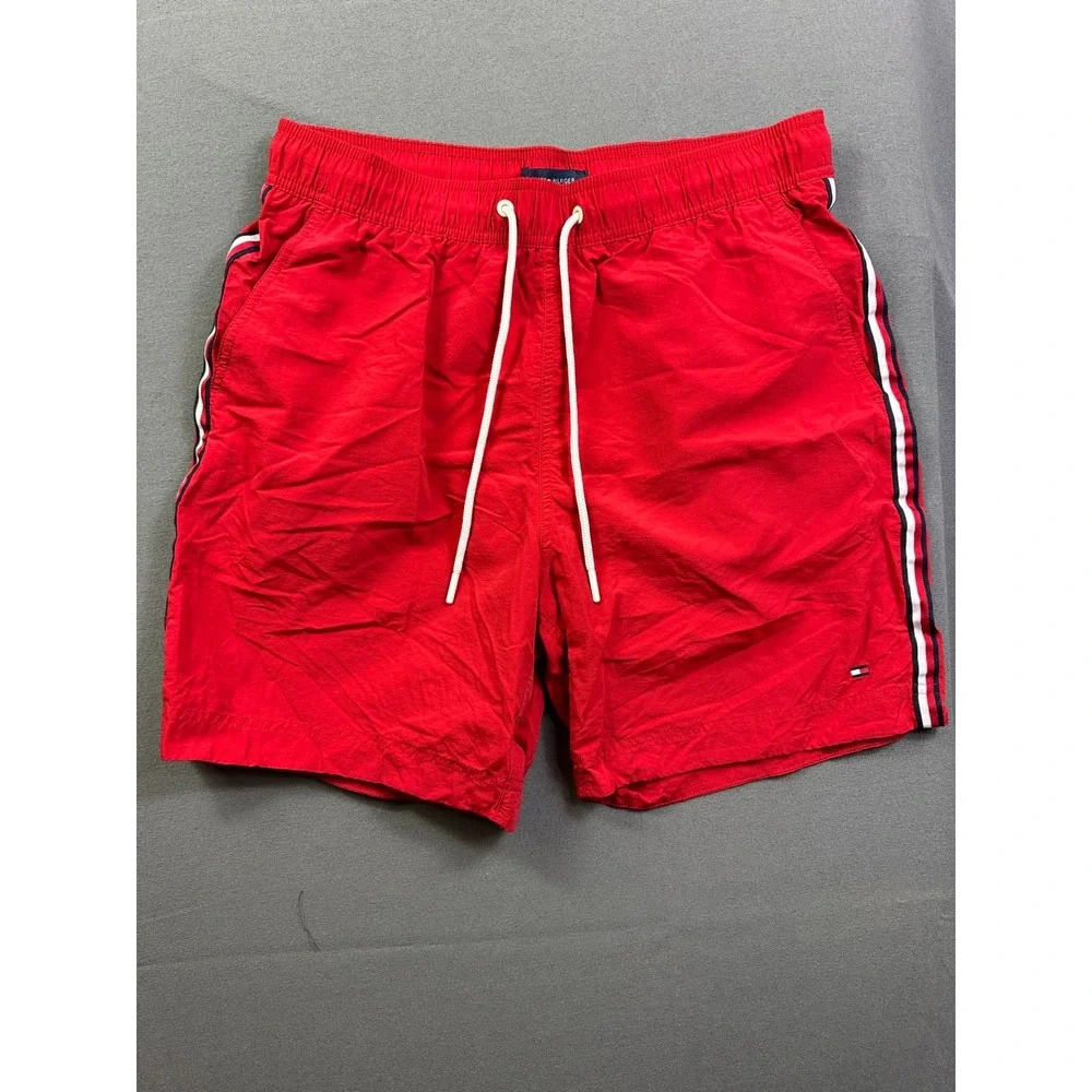 Tommy Hilfiger Men Red Swim Trunks Striped Mesh Lined Board Shorts Size M